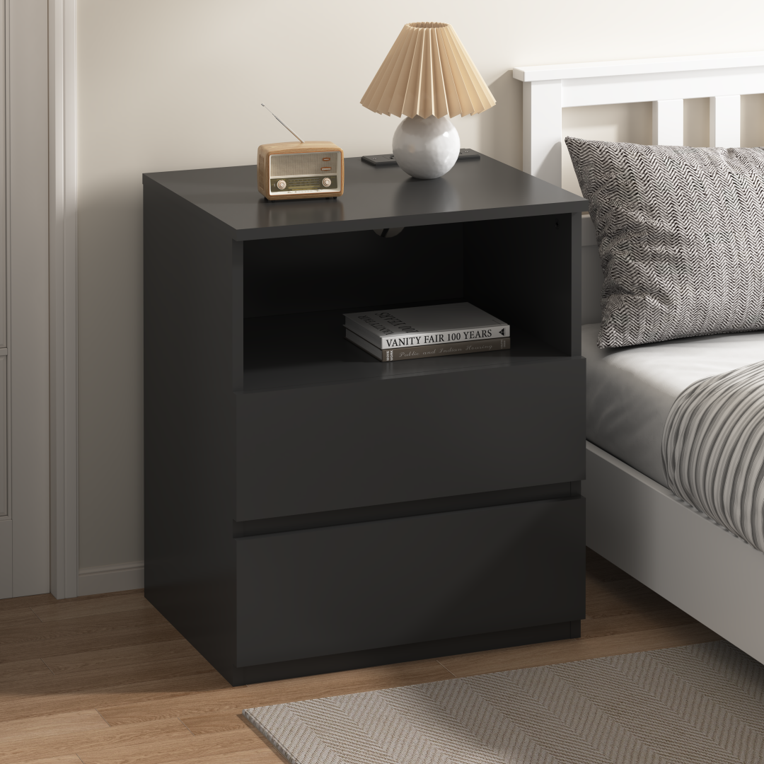 Set of 2 Modern End Tables with USB Charging Station & Drawers - Black