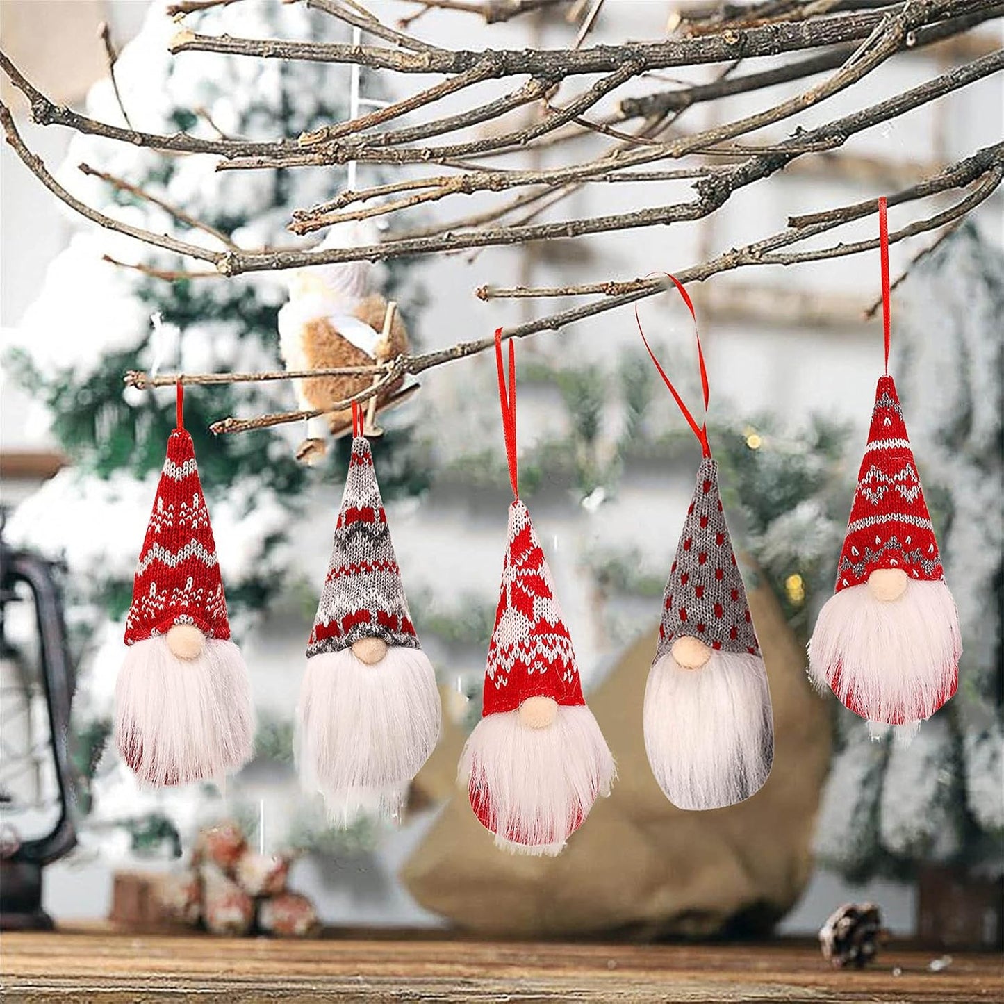 8-Pack Handmade Christmas Gnome Plush Ornaments - Red & White
