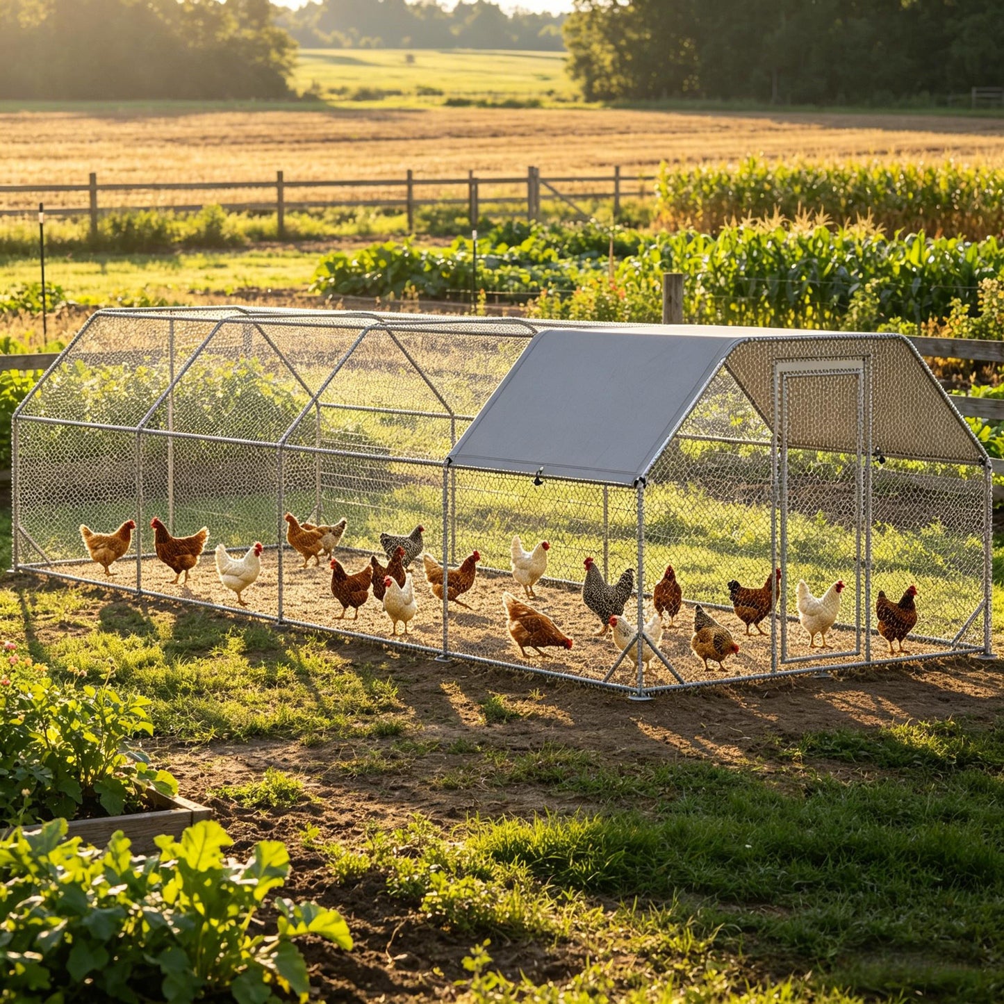 Large Metal Chicken Coop with Waterproof Cover - 24.9' x 9.2'