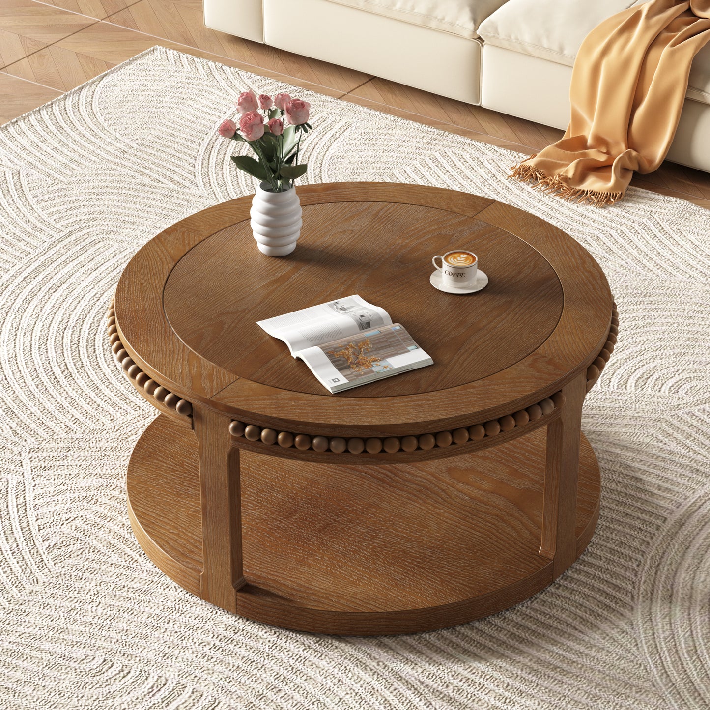 31.5 Inch Round Solid Wood Coffee Table - Two-Tier Design, Walnut
