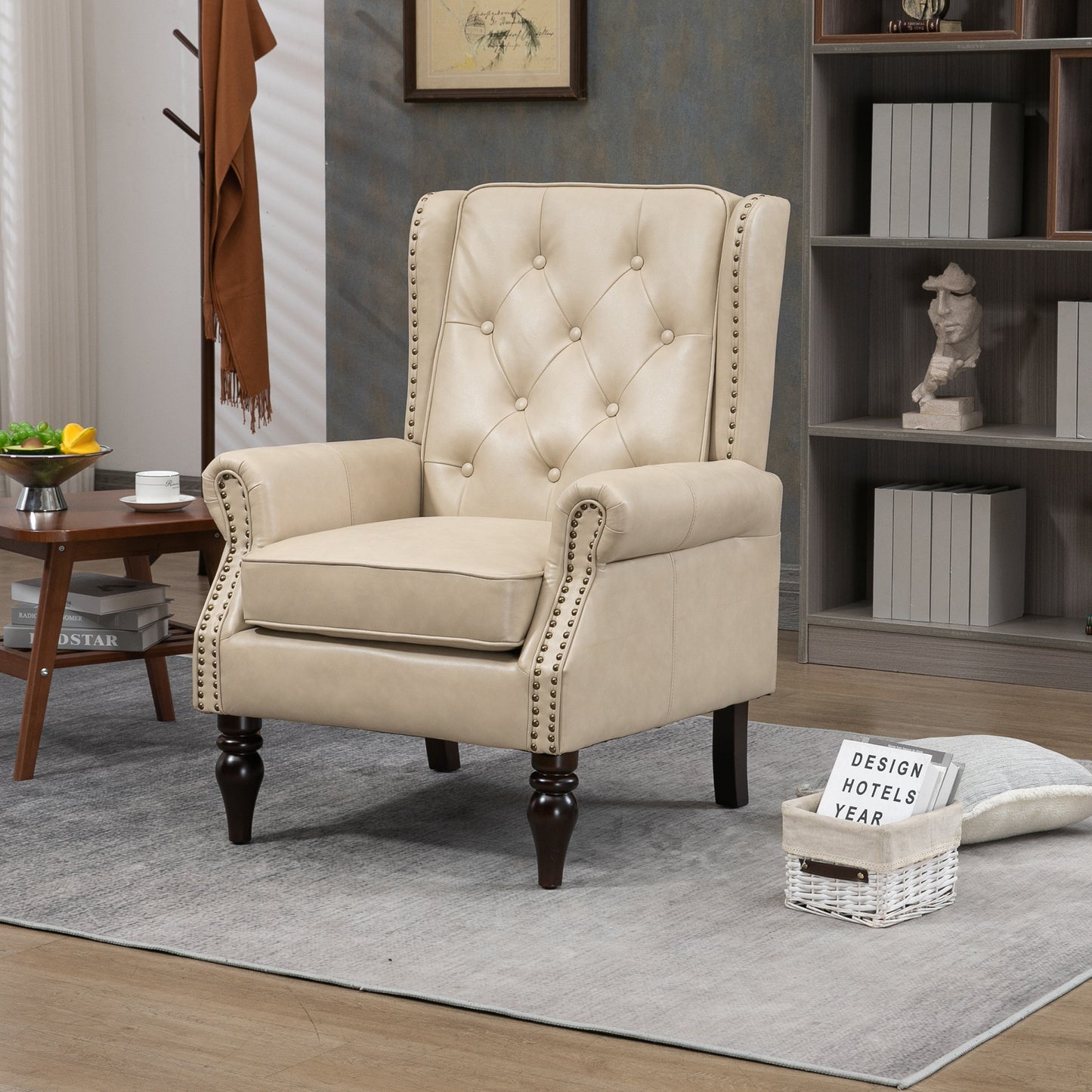 Modern Wood Frame Armchair - Camel PU Accent Chair