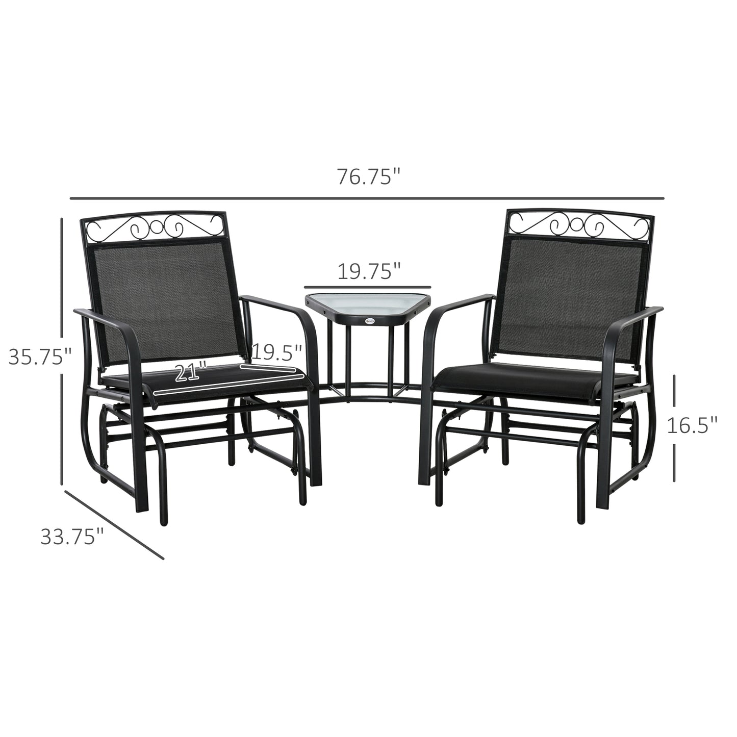 Black Outdoor Glider Chair with Coffee Table - 2-Seat Rocking Swing