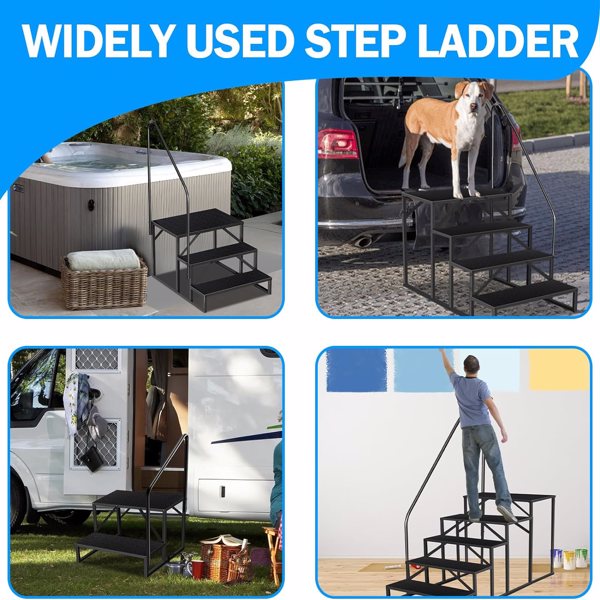 3-Step RV Ladder Stool with Handrail - Heavy Duty, Black