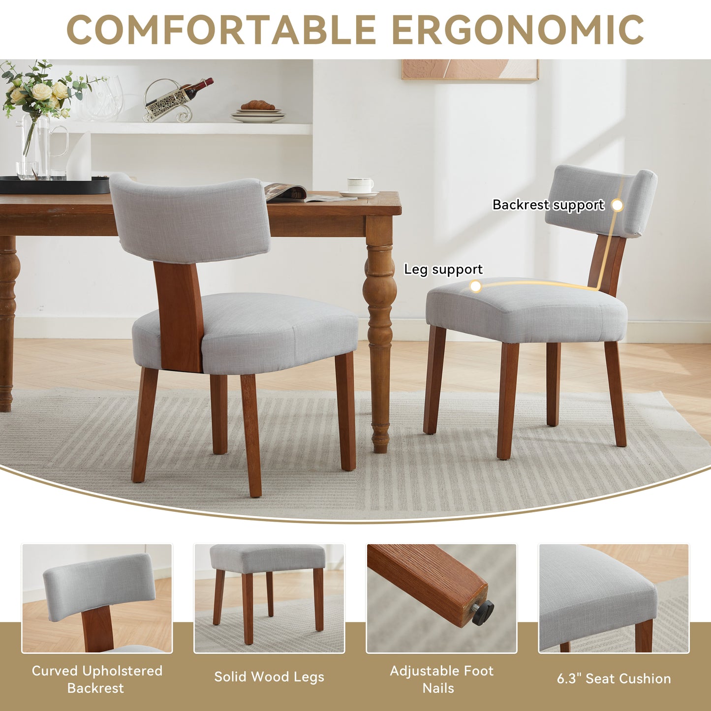 Set of 2 Gray Linen Modern Dining Chairs with Curved Backrest