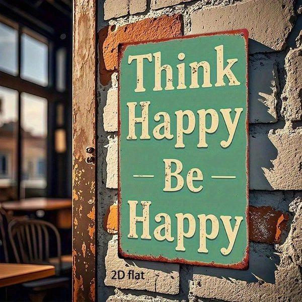 Vintage Metal Wall Art Sign - Think Happy Be Happy, 8x12 Inch