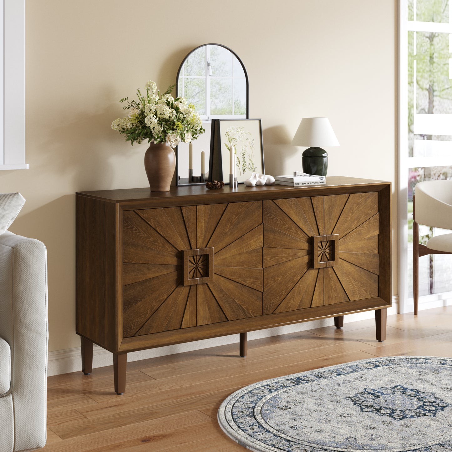 60" Premium Rustic Farmhouse Credenza with Adjustable Shelves - Antique Brown