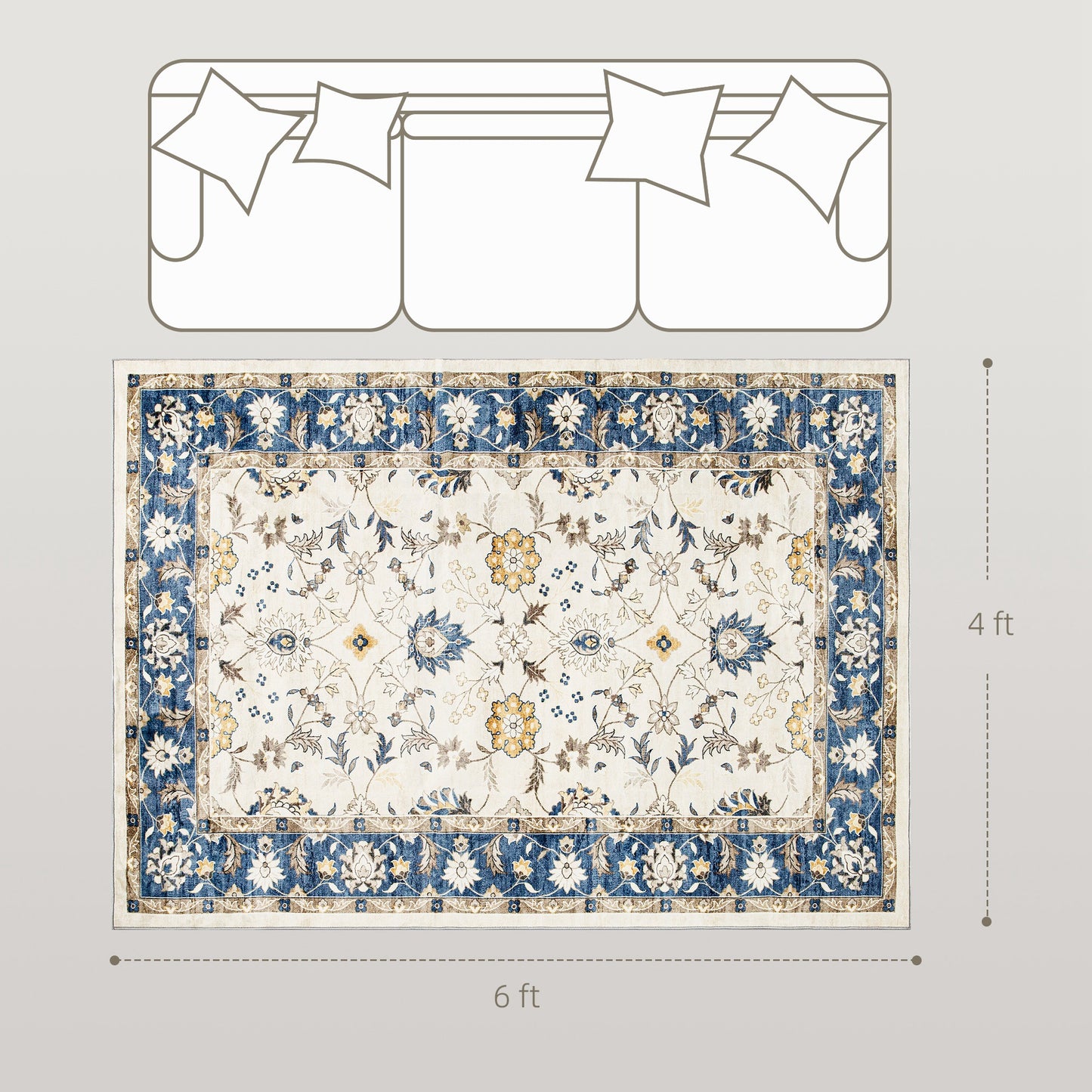 Machine Washable Boho Floral Area Rug 4x6 - Blue