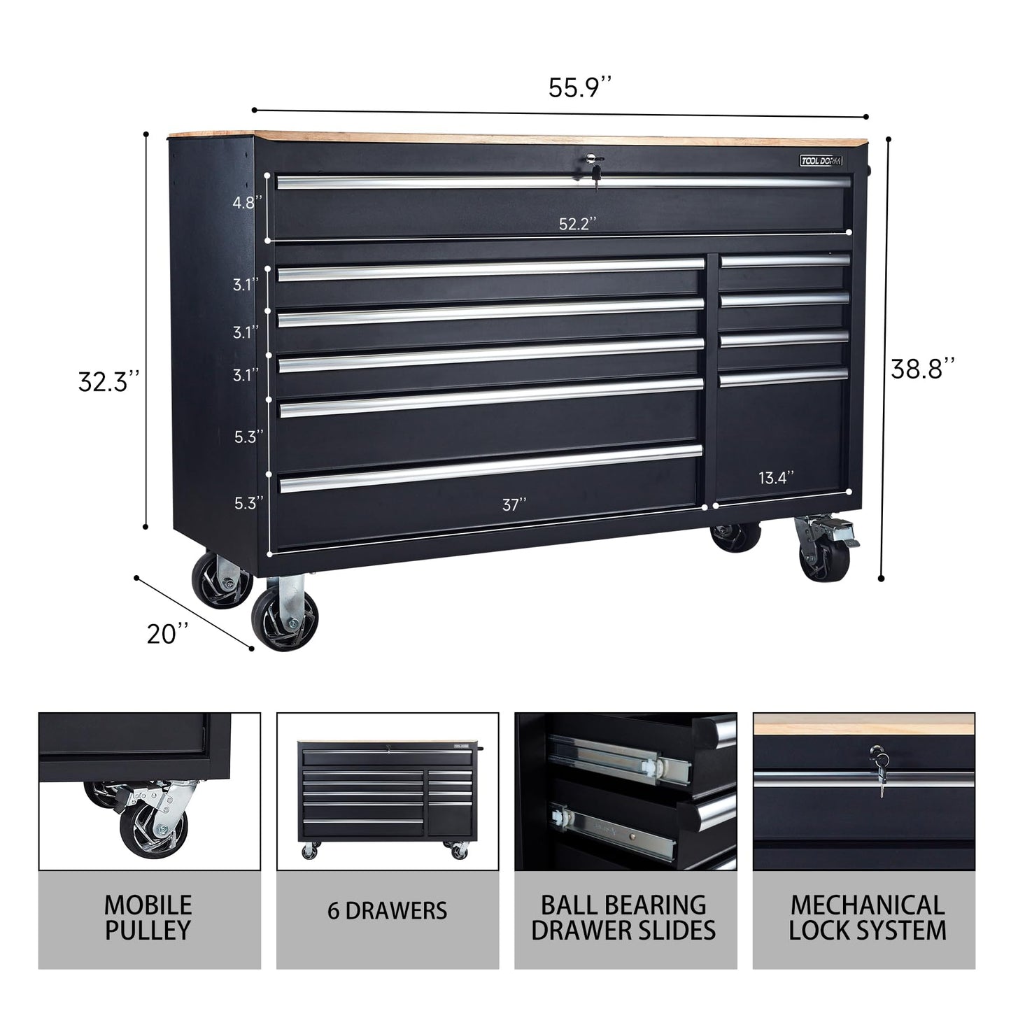 56-Inch 10-Drawer Steel Tool Cabinet with Locking Casters and Power Strip