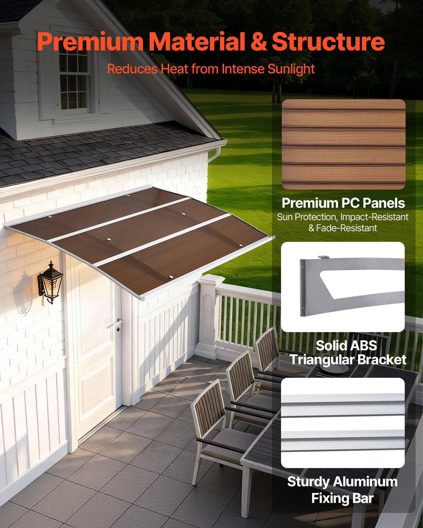 Black Polycarbonate Door Awning 39x59 Inch Weatherproof Exterior Canopy