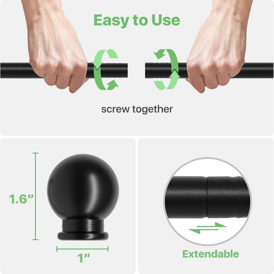 Adjustable Black Curtain Rod Set 28-48 Inch with Brackets