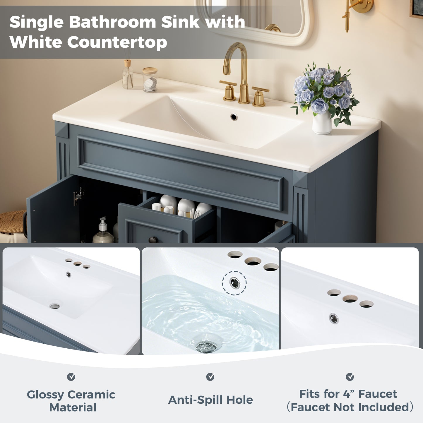 36-Inch Wall Mounted Bathroom Vanity with Ceramic Sink - Blue
