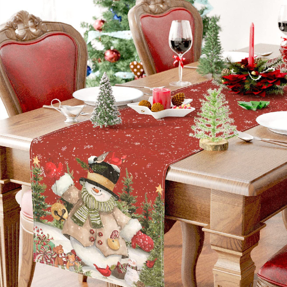 Christmas Snowman Linen Table Runner 30x180cm Festive Holiday Decor