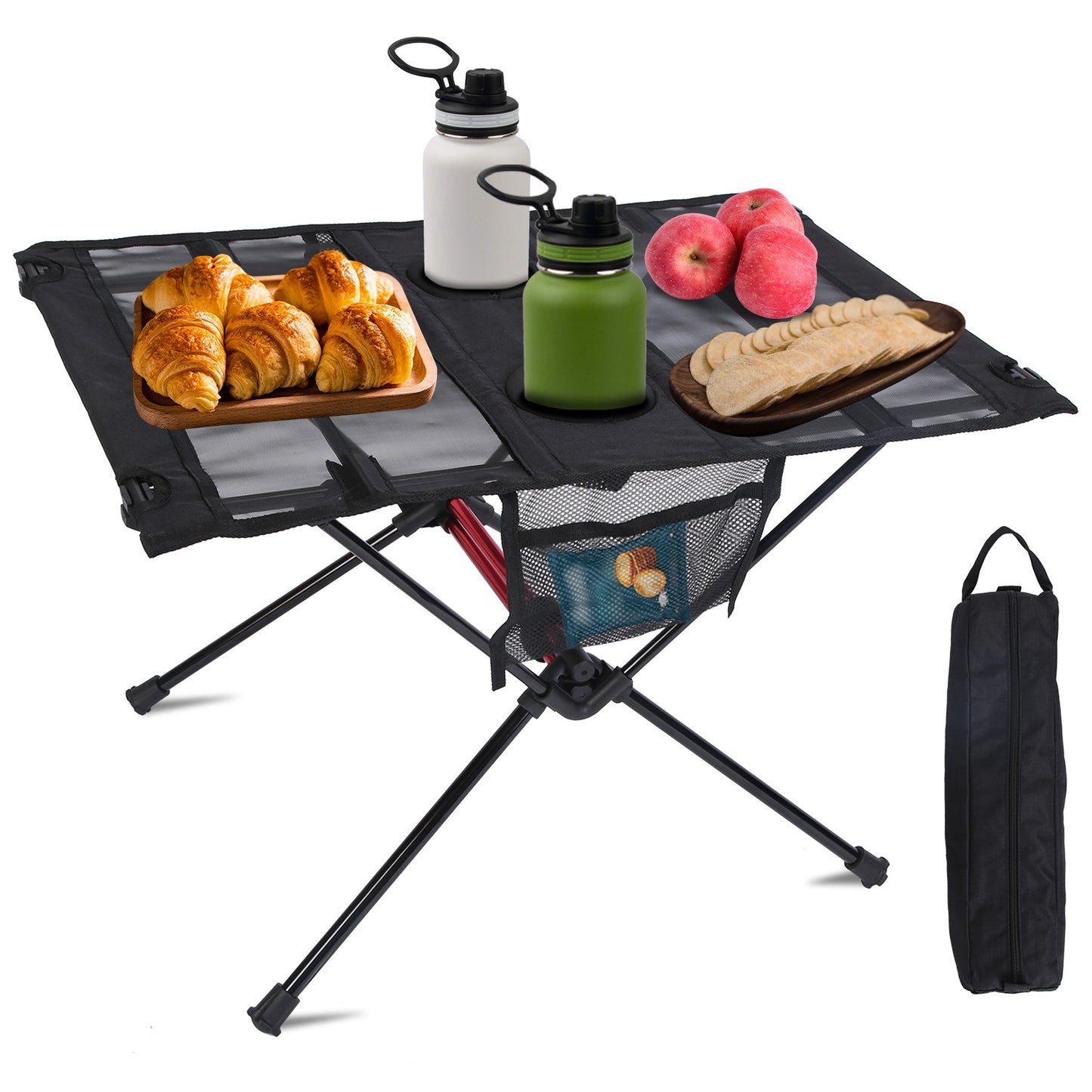 Portable Folding Camping Table with Cup Holders & Storage Bag - Black