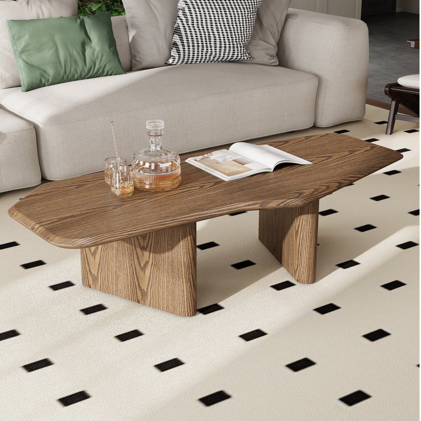 47.2-Inch Rustic Ash Wood Veneer Coffee Table - Walnut