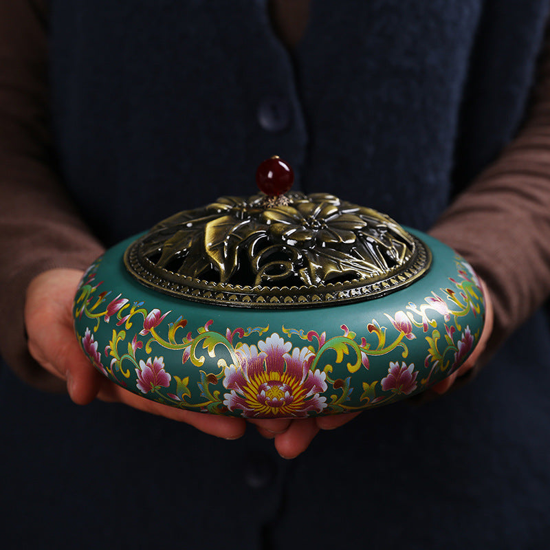Ceramic Lotus Incense Burner with Iron Cover - Traditional Chinese Style Home Fragrance