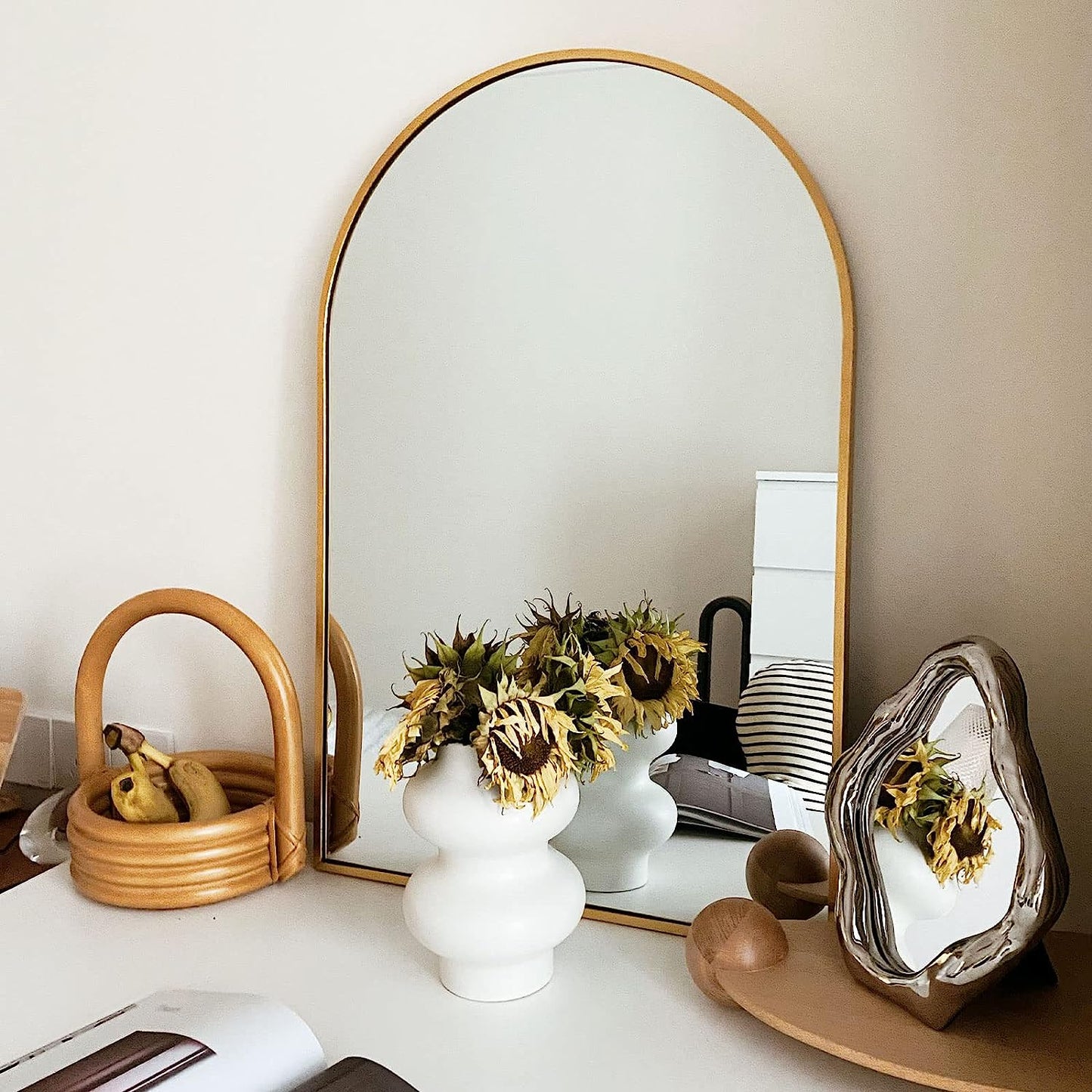 24x36 Inch Gold Metal Framed Arched Bathroom Mirror