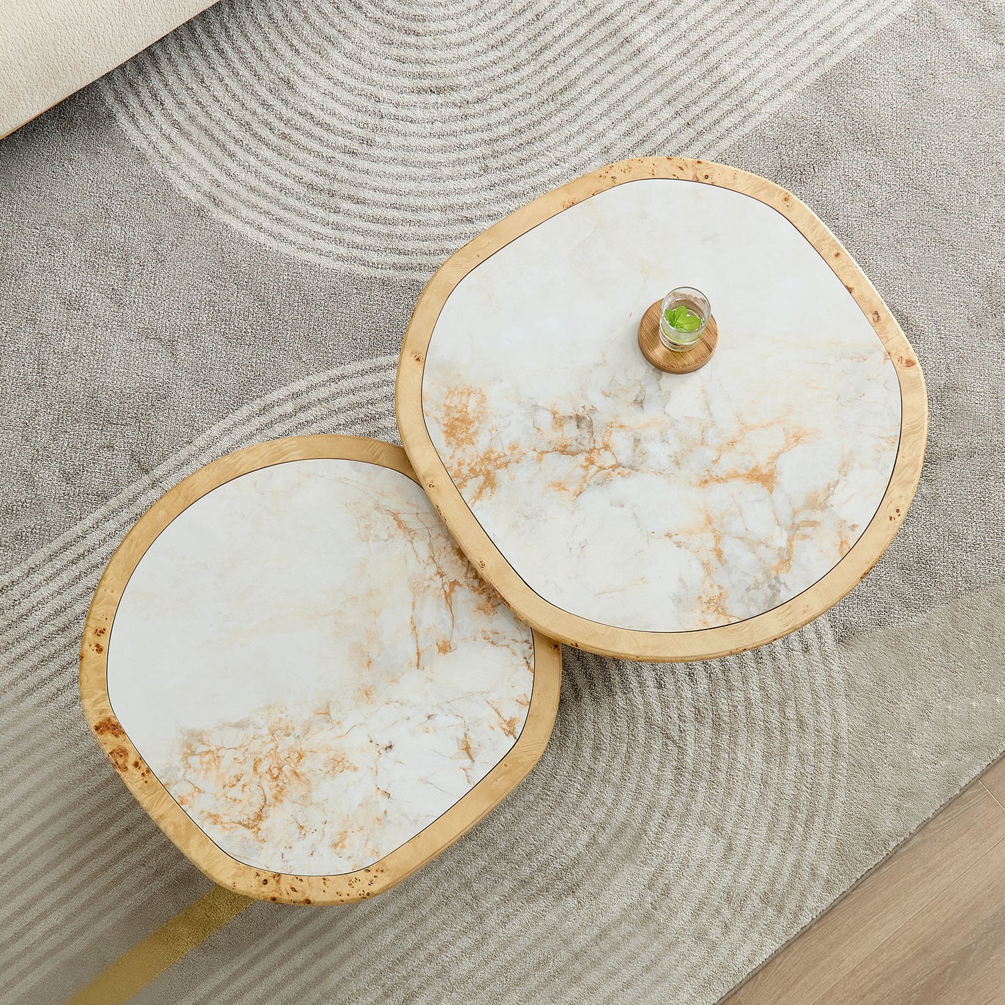 Natural Burl Wood Coffee Table Set - 2-Piece Sintered Stone Top