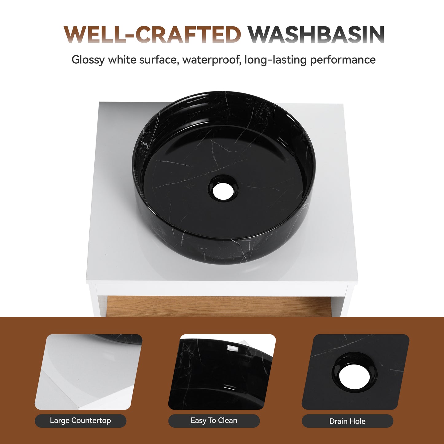 24" Floating Bathroom Vanity with Black Marble Vessel Sink