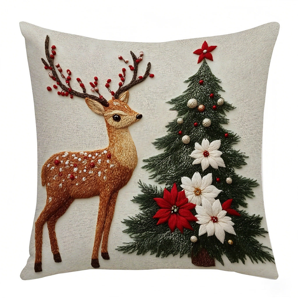 Festive Elk Rabbit Holiday Pillow Cover - Christmas Linen Cushion Decor