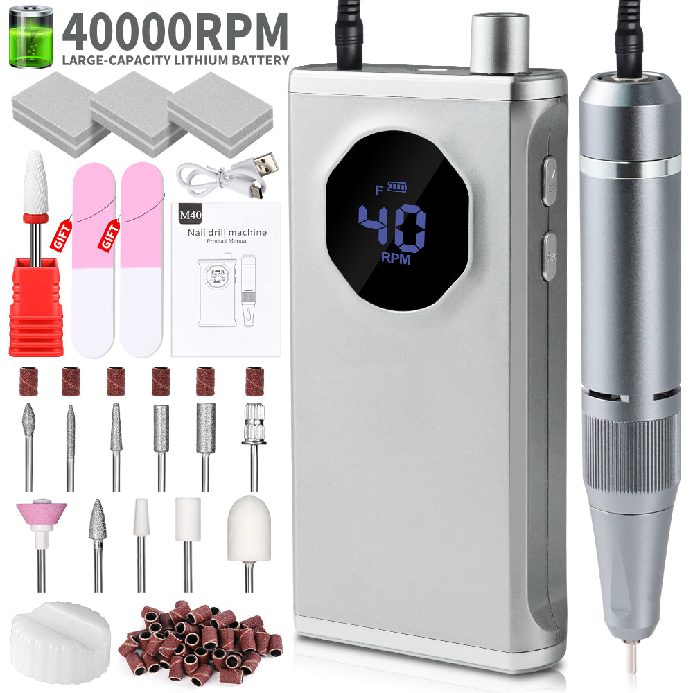 Professional 40000RPM Cordless Nail Drill Kit - Rechargeable Electric File - Gray