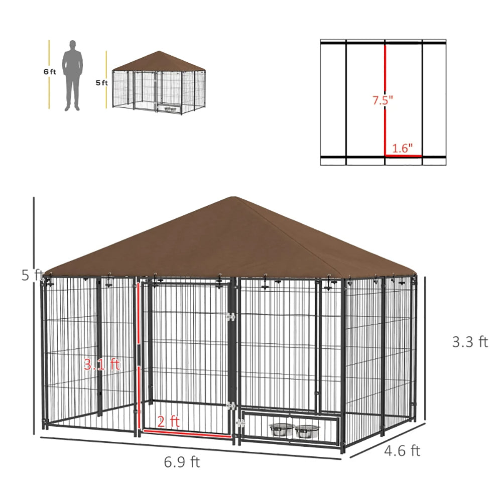 Outdoor Dog Kennel 6.9' x 4.6' x 5' with Canopy and Rotating Bowl - Black