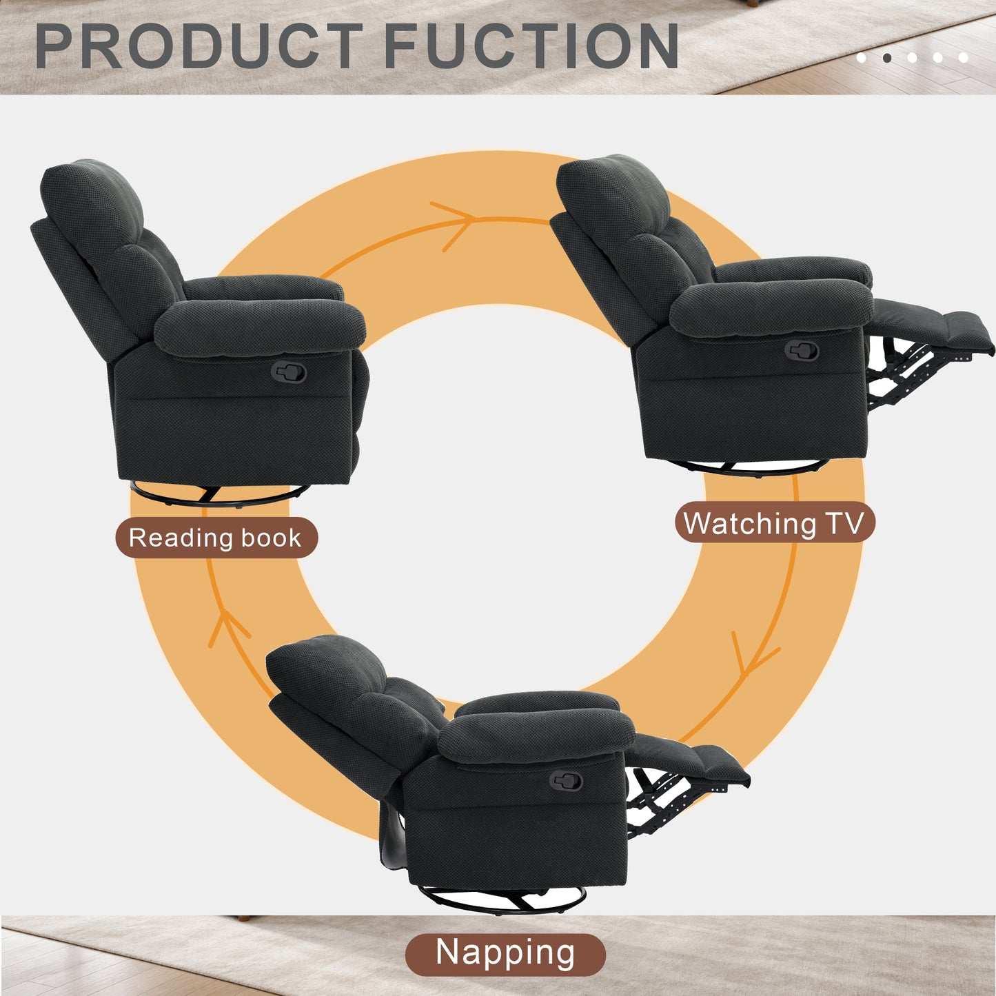 Modern Swivel Rocker Recliner Chair - Dark Gray Fabric Armchair