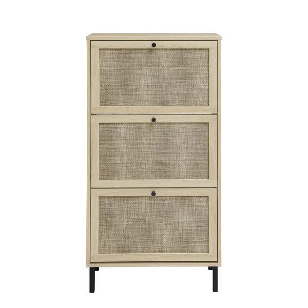 Rattan 3 Door Shoe Rack, Freestanding Modern Storage Cabinet, For