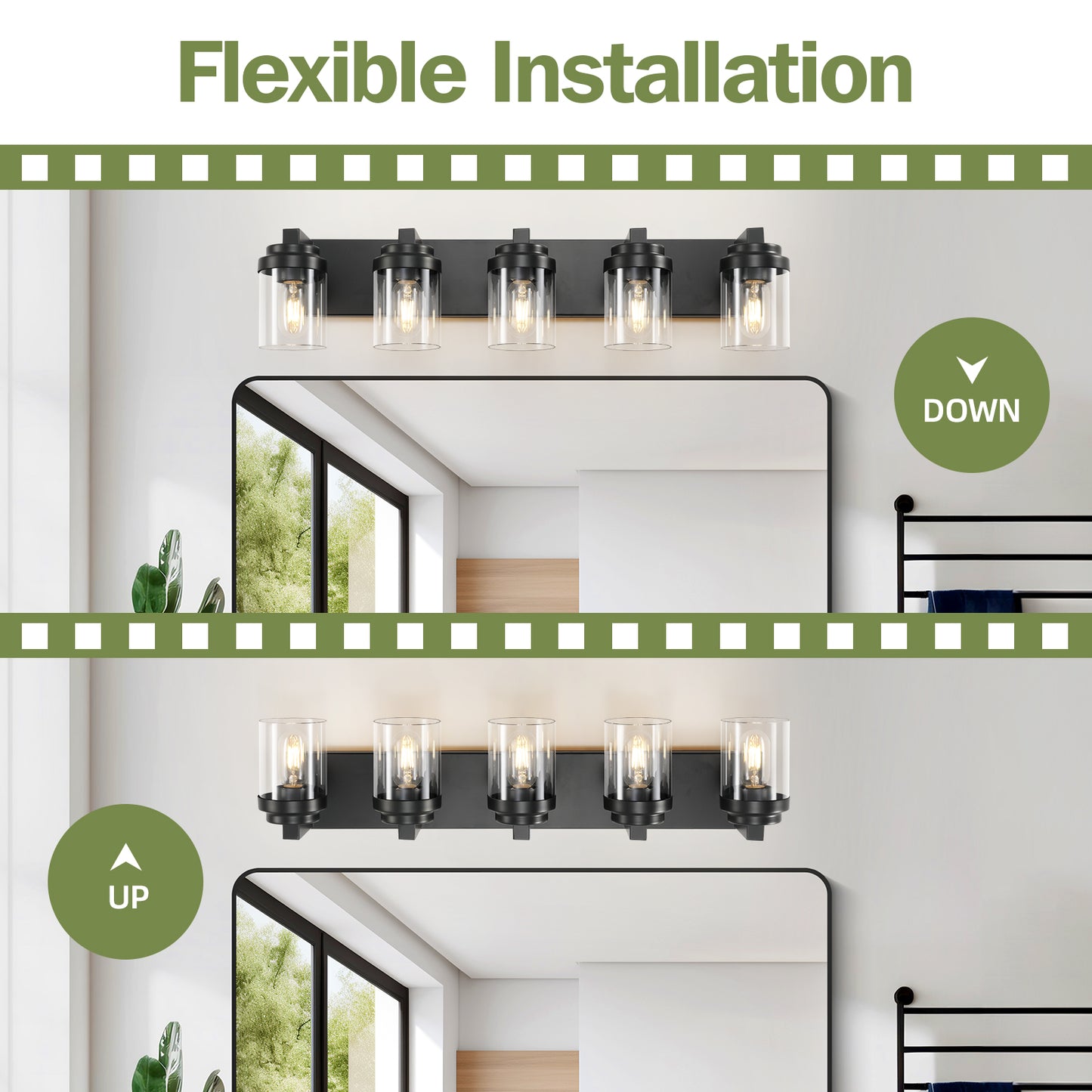 5-Light Bathroom Vanity Light Fixture - Matte Black with Glass Shades