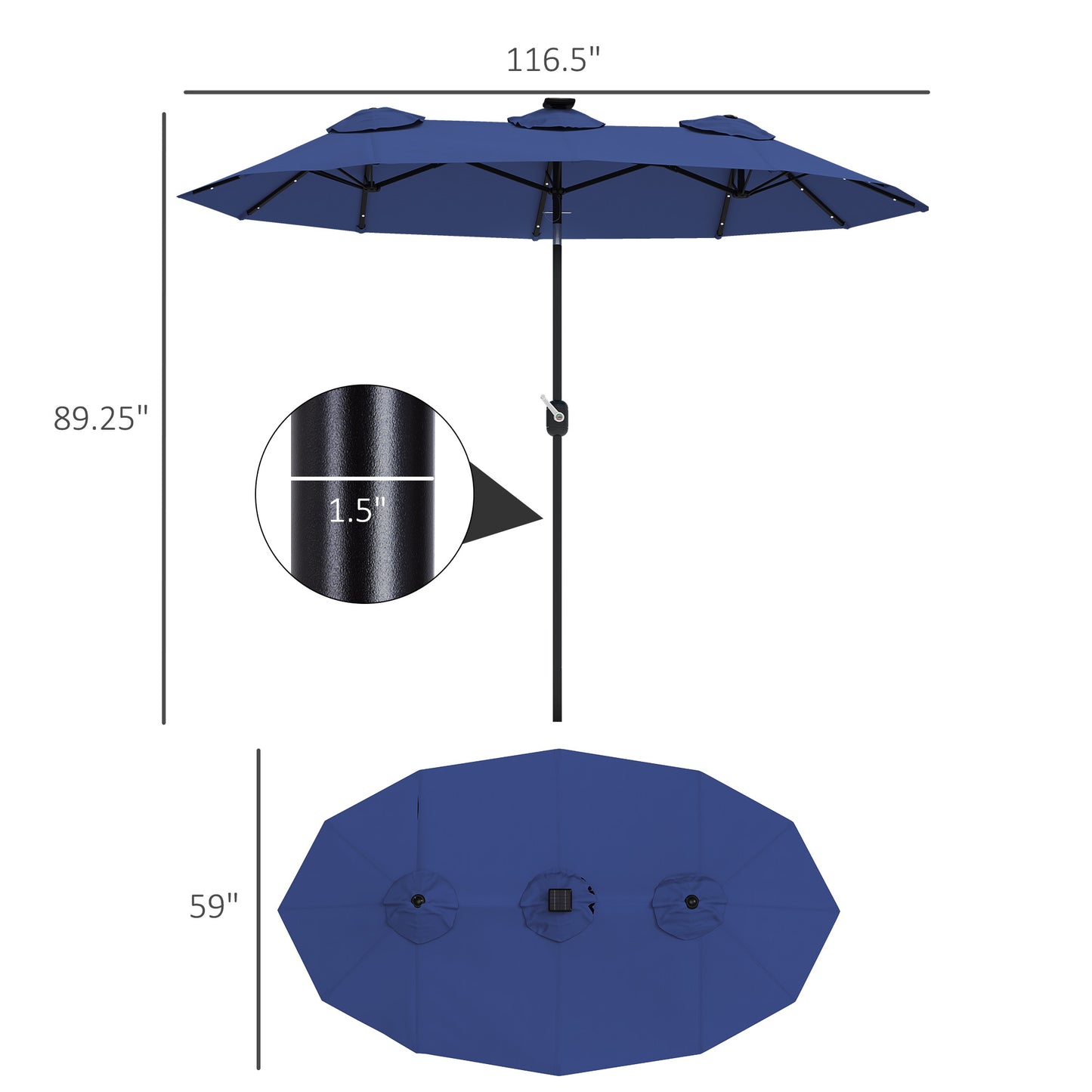 Double-Sided Patio Umbrella with LED Solar Lights - Navy Blue