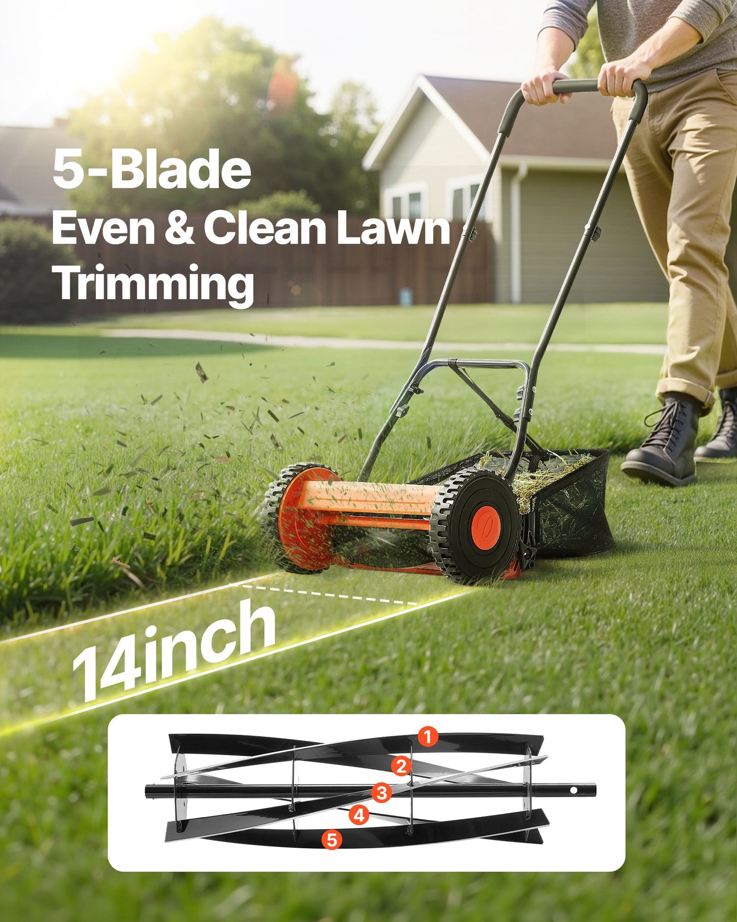 14-Inch Manual Push Reel Lawn Mower with 5-Blade, Adjustable Height, Multicolor