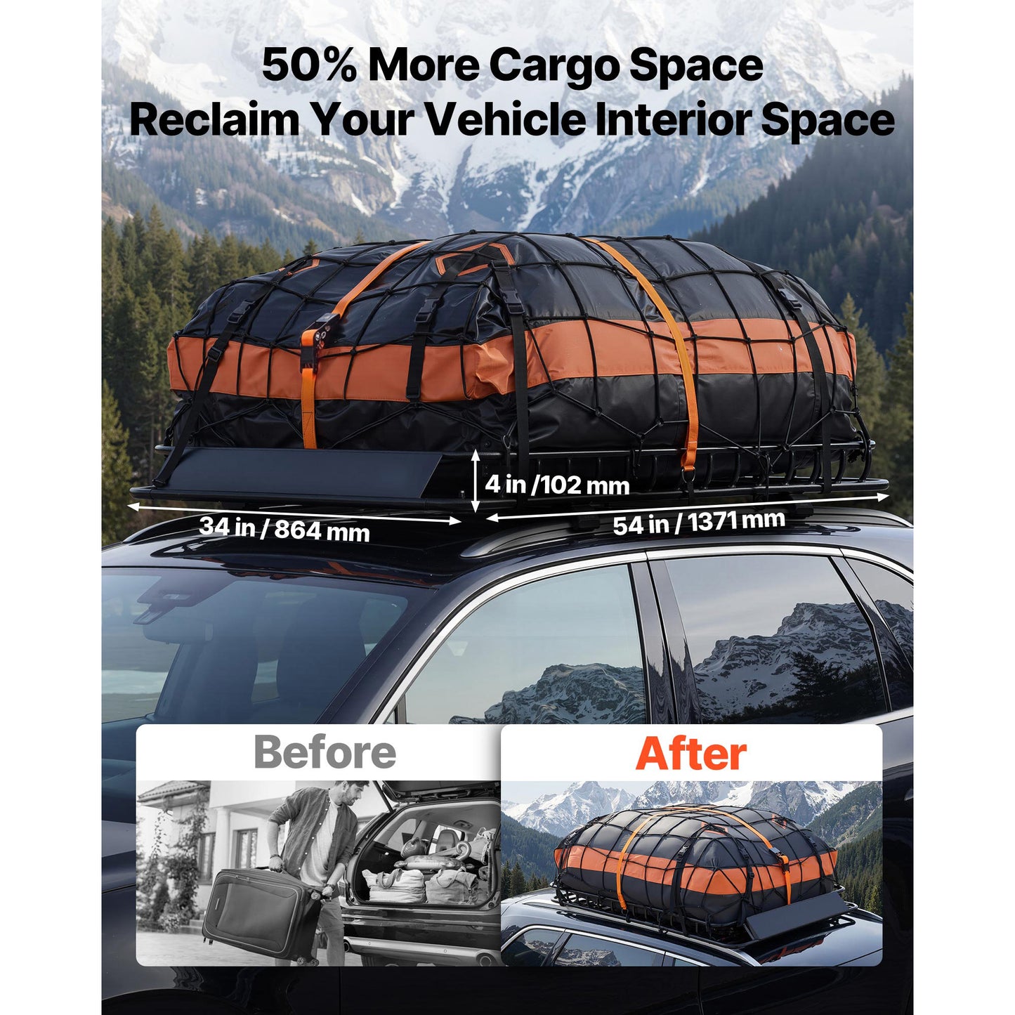 Heavy Duty Roof Cargo Basket 54x34x4in with Waterproof Bag & Ratchet Straps