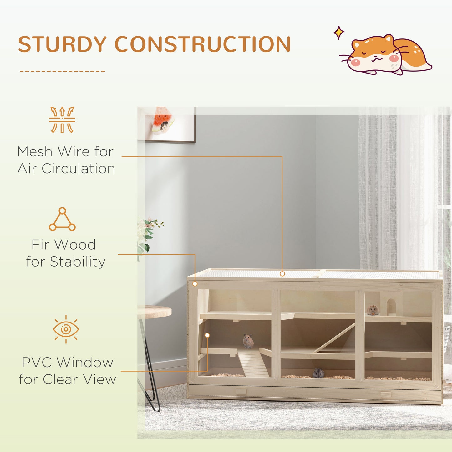 45-Inch Large Wooden Hamster Cage with Multi-Level Design & PVC Windows