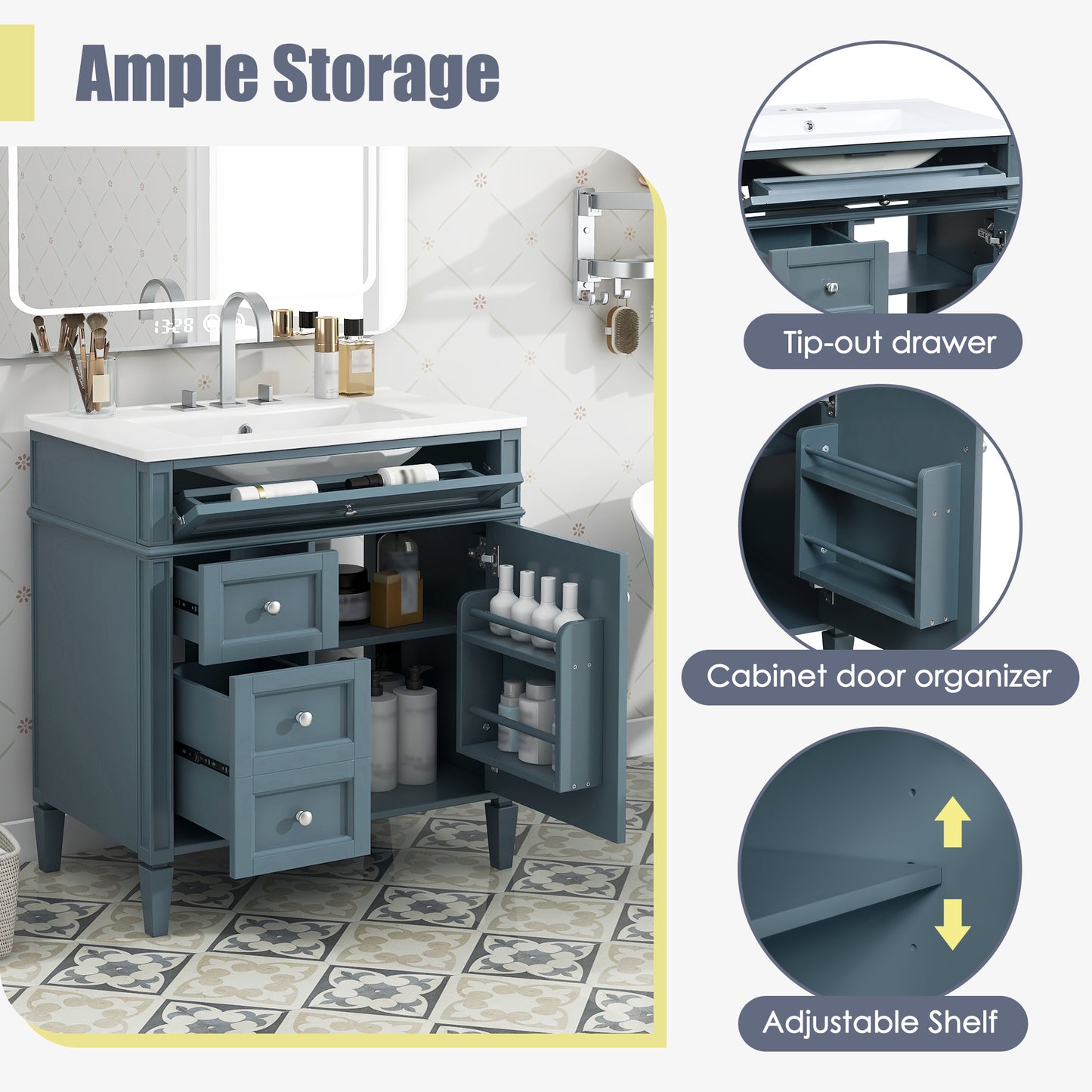 30'' Modern Bathroom Vanity with Sink & Storage - Blue