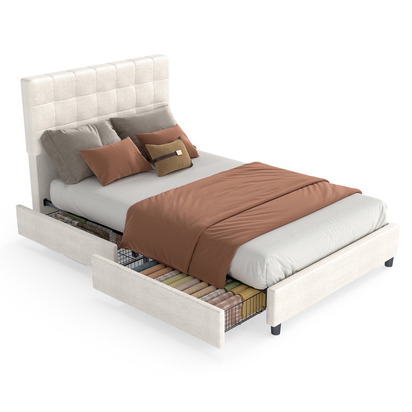 Bed Frame Upholstered Vertical Channel Headboard With 4 Storage