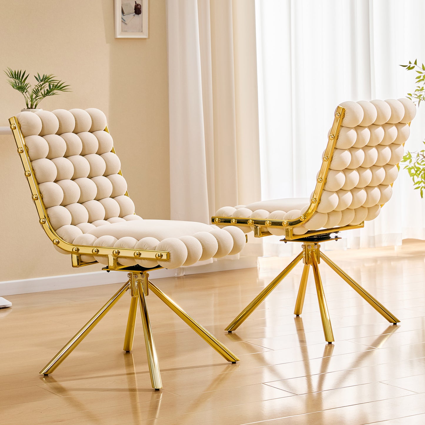 Set of 2 Cream Velvet Bubble Tufted Swivel Accent Chairs