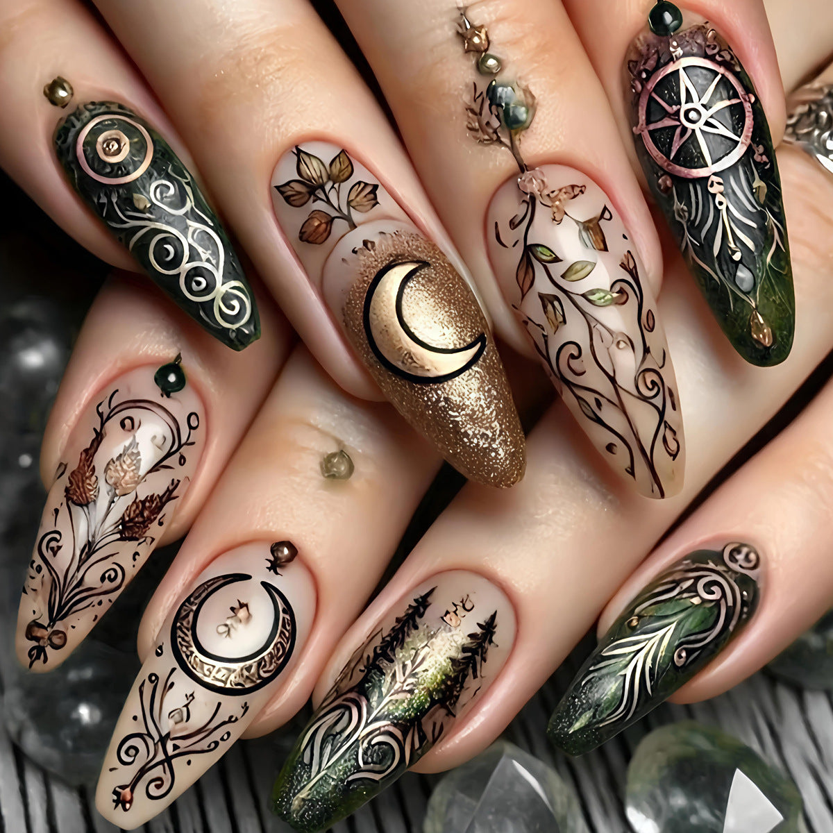 Olive Green Nail Tips Set - Semi-Circular French Style for Manicure