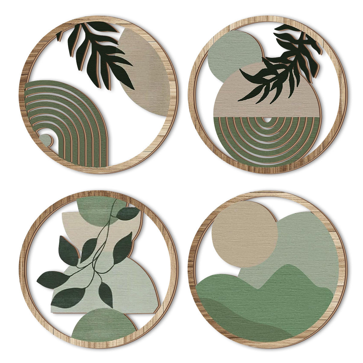 Retro Wooden Leaf Wall Stickers - Multi-Leaf Round Decor Set
