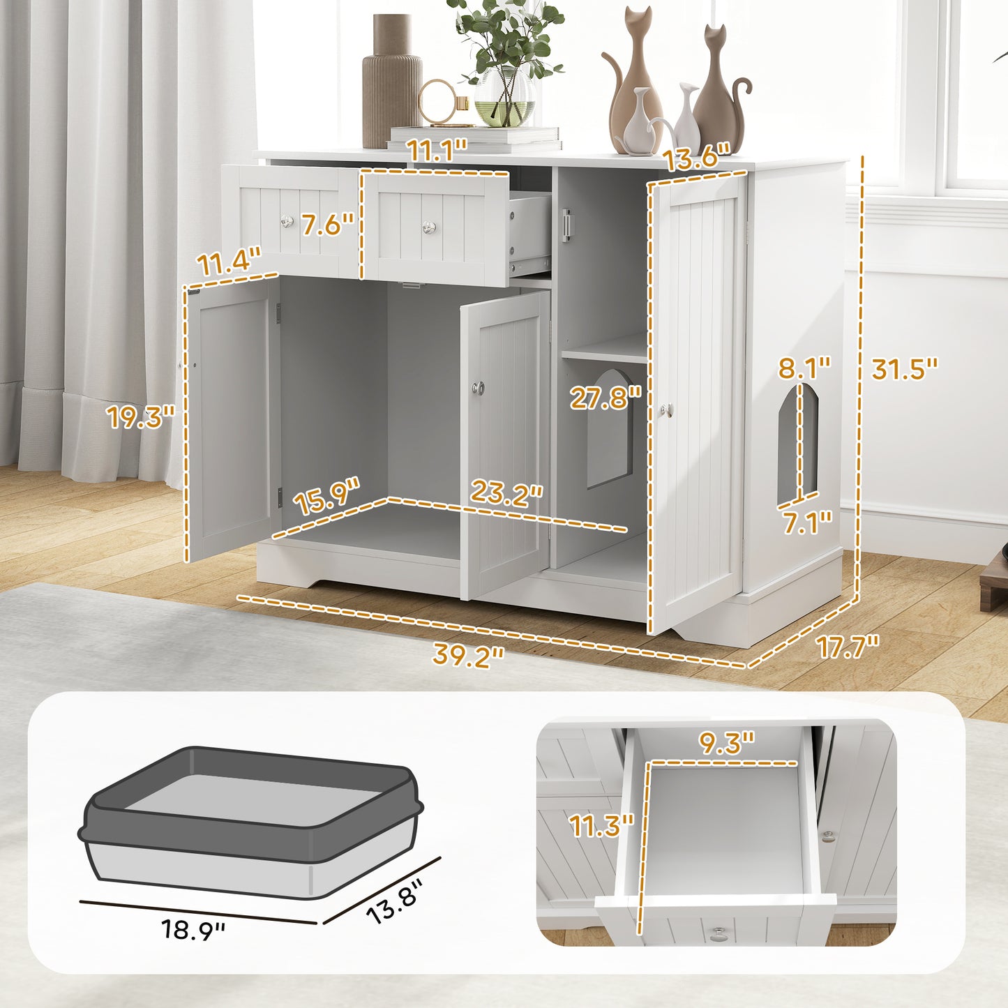 Cat Litter Box Enclosure with Drawers and Storage - White, 39 inch