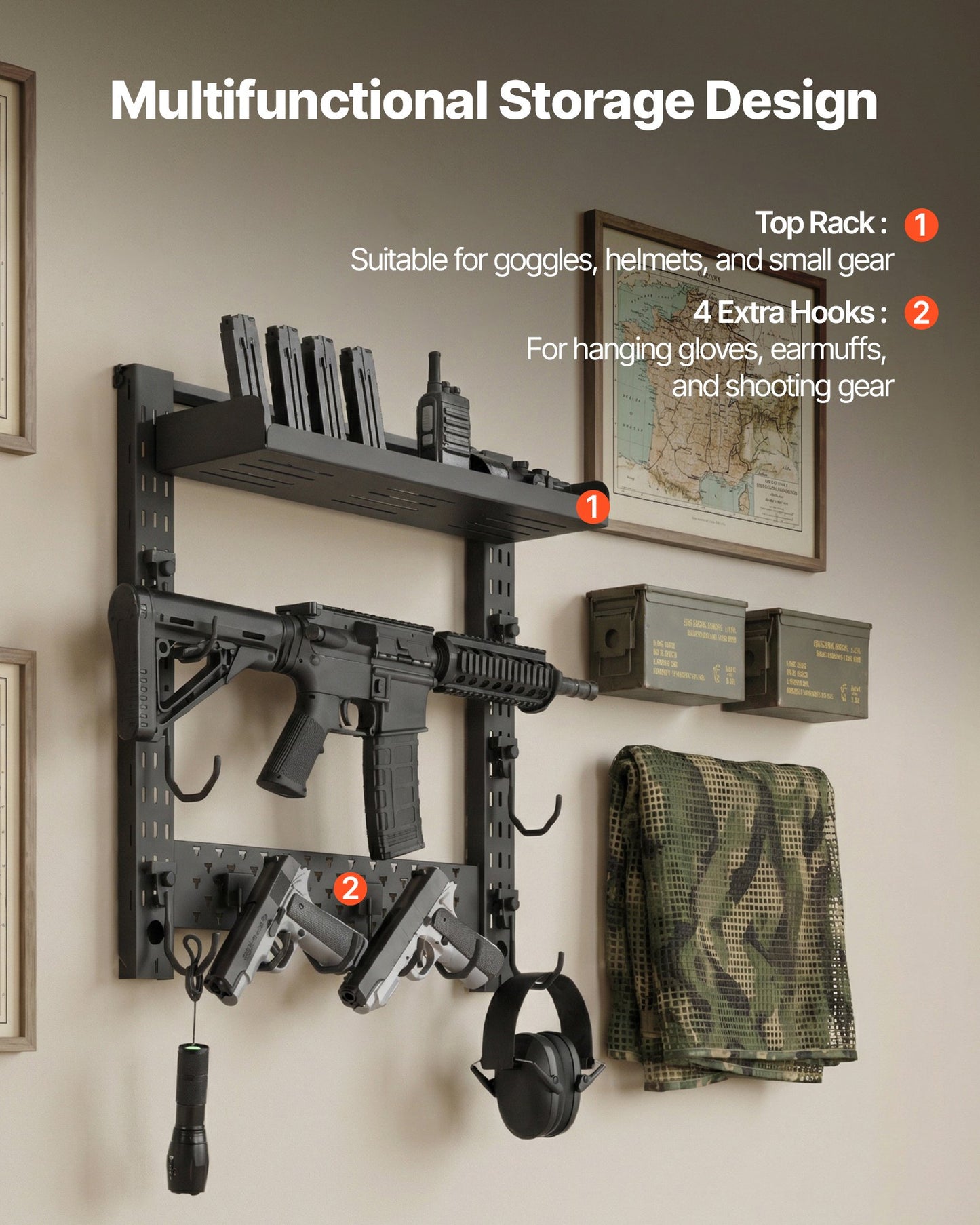 Heavy Duty Wall Mount Gun Rack for Rifles & Shotguns with Storage Tray - Black