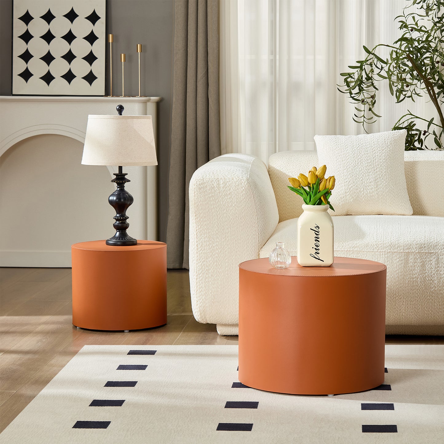 Modern Orange MDF Saddle Leather Table -Compact Sizes, Great For