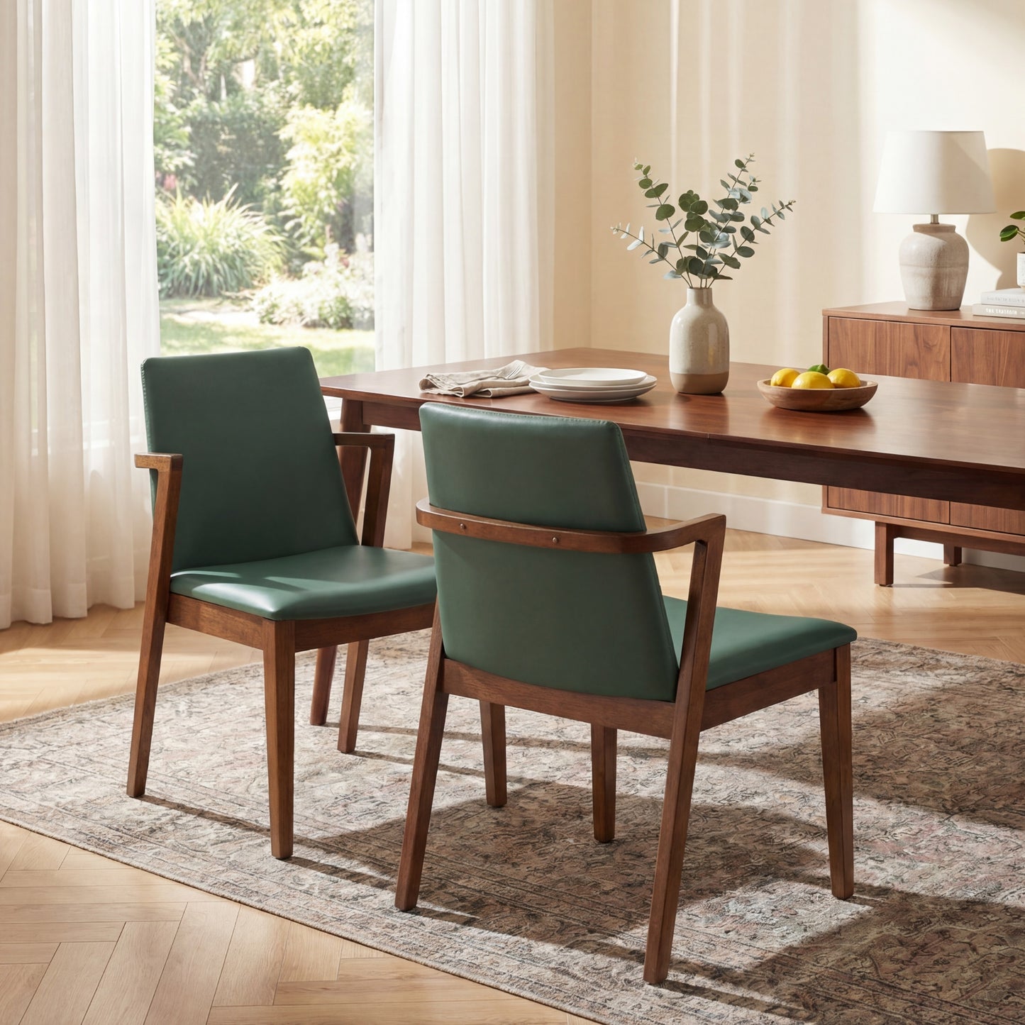 Mid-Century Modern Dining Chairs Set of 2 - Green PU Upholstered