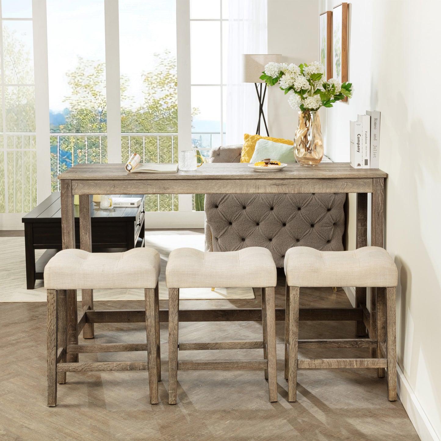 4-Piece Bar Table Set with Power Outlet and 3 Stools - Brown