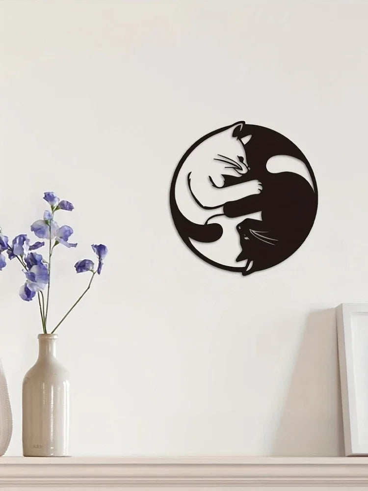 Yin Yang Cat Wall Art Sculpture - Handmade Wrought Iron Decor