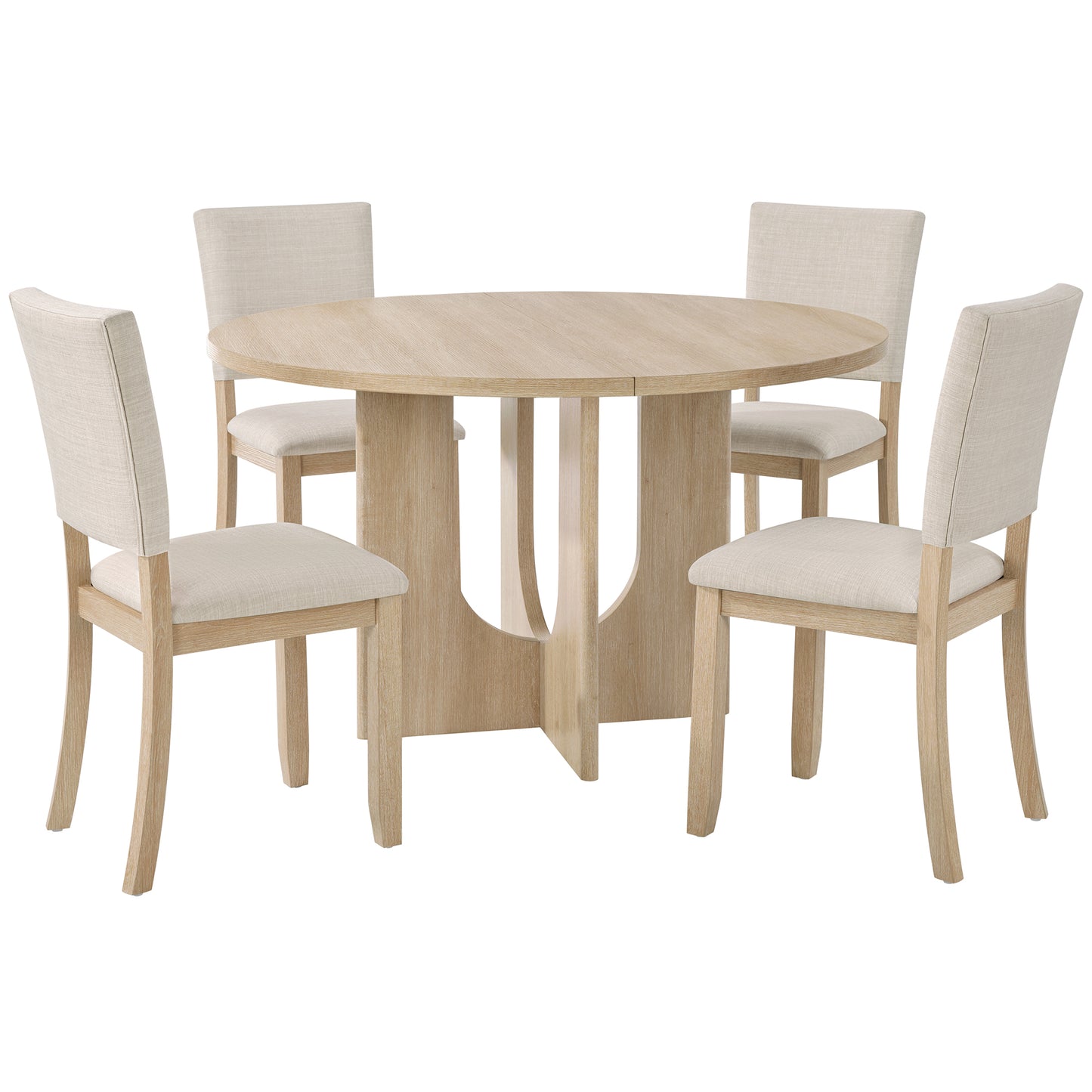 47.3" Round Dining Set with 4 Upholstered Chairs - Light Oak & Beige