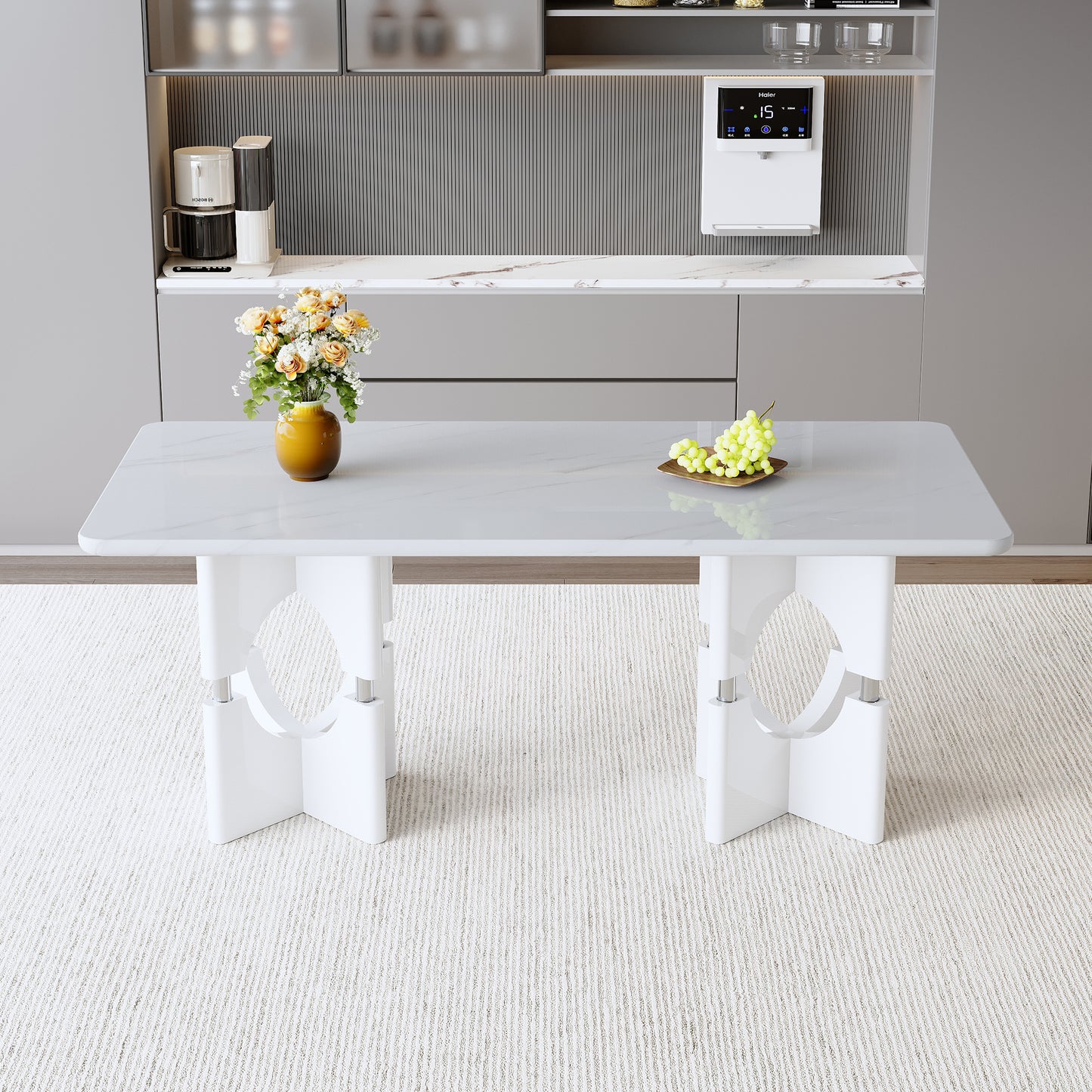 Modern White MDF Dining Table with Marble Pattern & Metal Frame