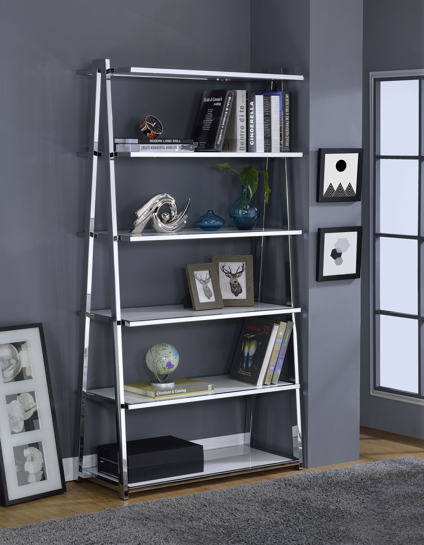 High Gloss White Chrome Finish Bookshelf with 6 Shelves