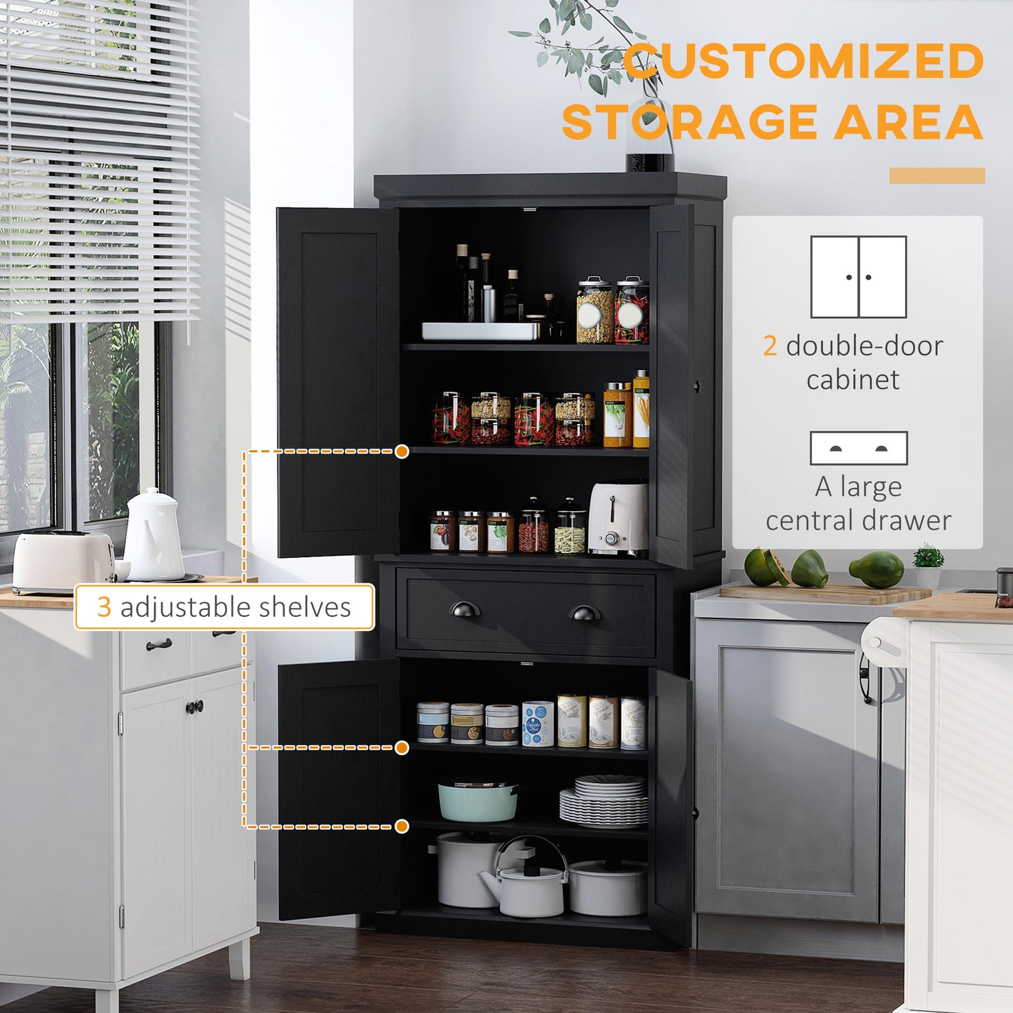 72.5" Freestanding Kitchen Cabinet with Doors & Shelves - Black