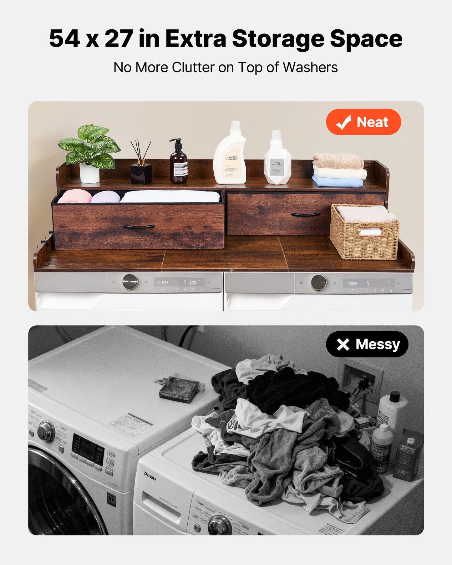 Washer Dryer Countertop with Shelf and Drawers - Laundry Organization Stand