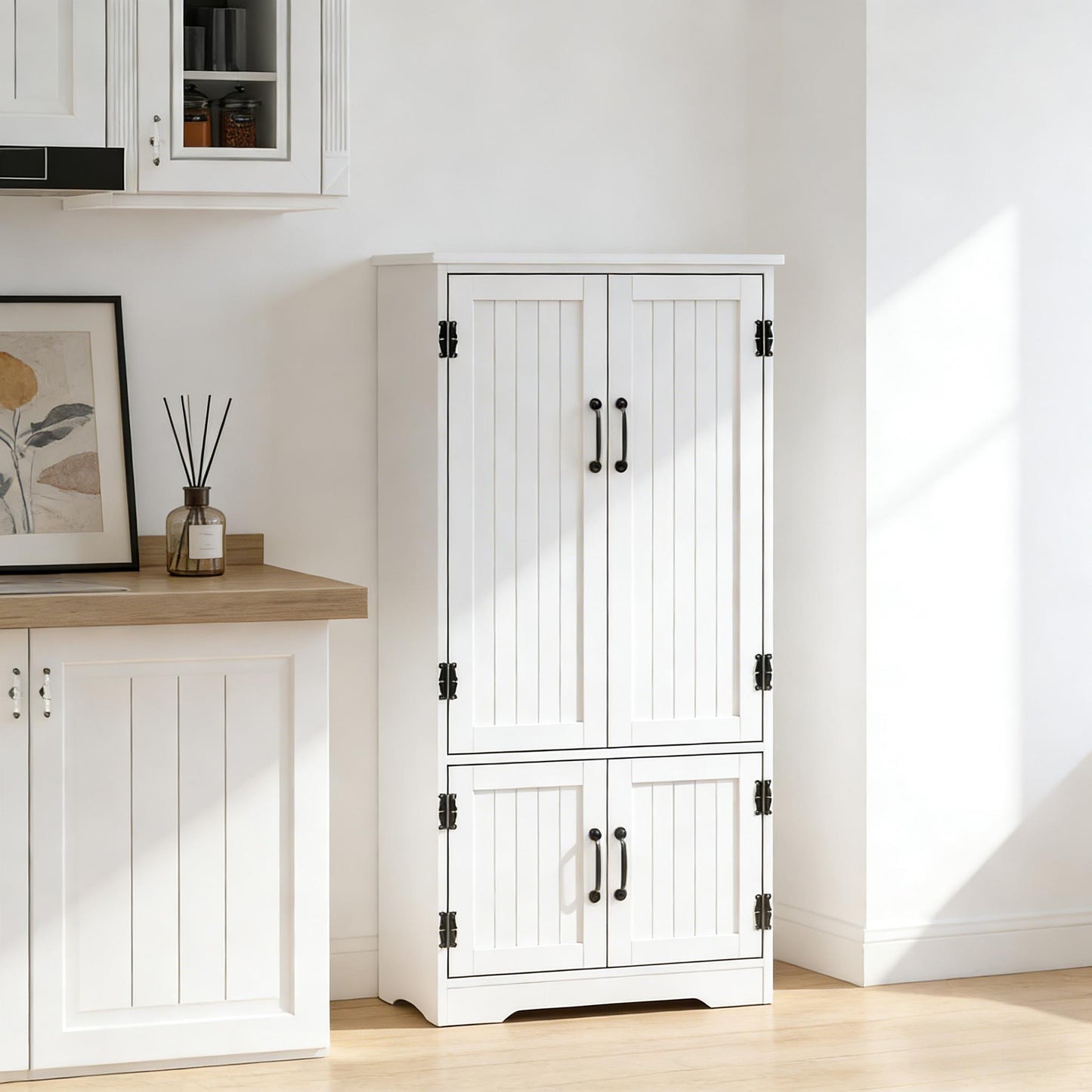 Freestanding White Kitchen Pantry Cabinet with Adjustable Shelves