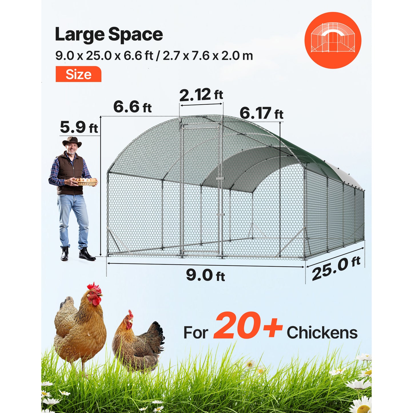 Large Metal Chicken Coop with Waterproof Cover & Sturdy Frame - 9x25x6.6 ft Walk-In Poultry & Duck Pen for Outdoor Backyard Farm